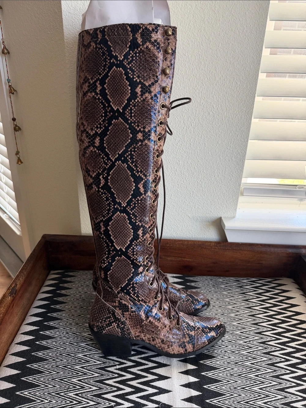 Free People + Jeffrey Campbell Brown Snakeskin Over-the-Knee Lace-Up Boots